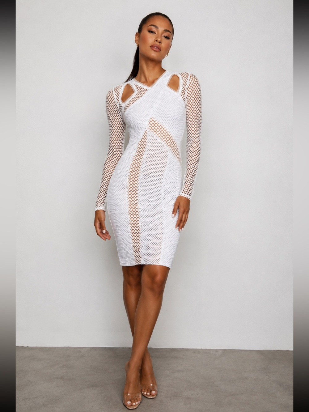 NWT BCBGMAXAZRIA Jaylynn Mesh Patchwork Sexy Dress Sz M | White